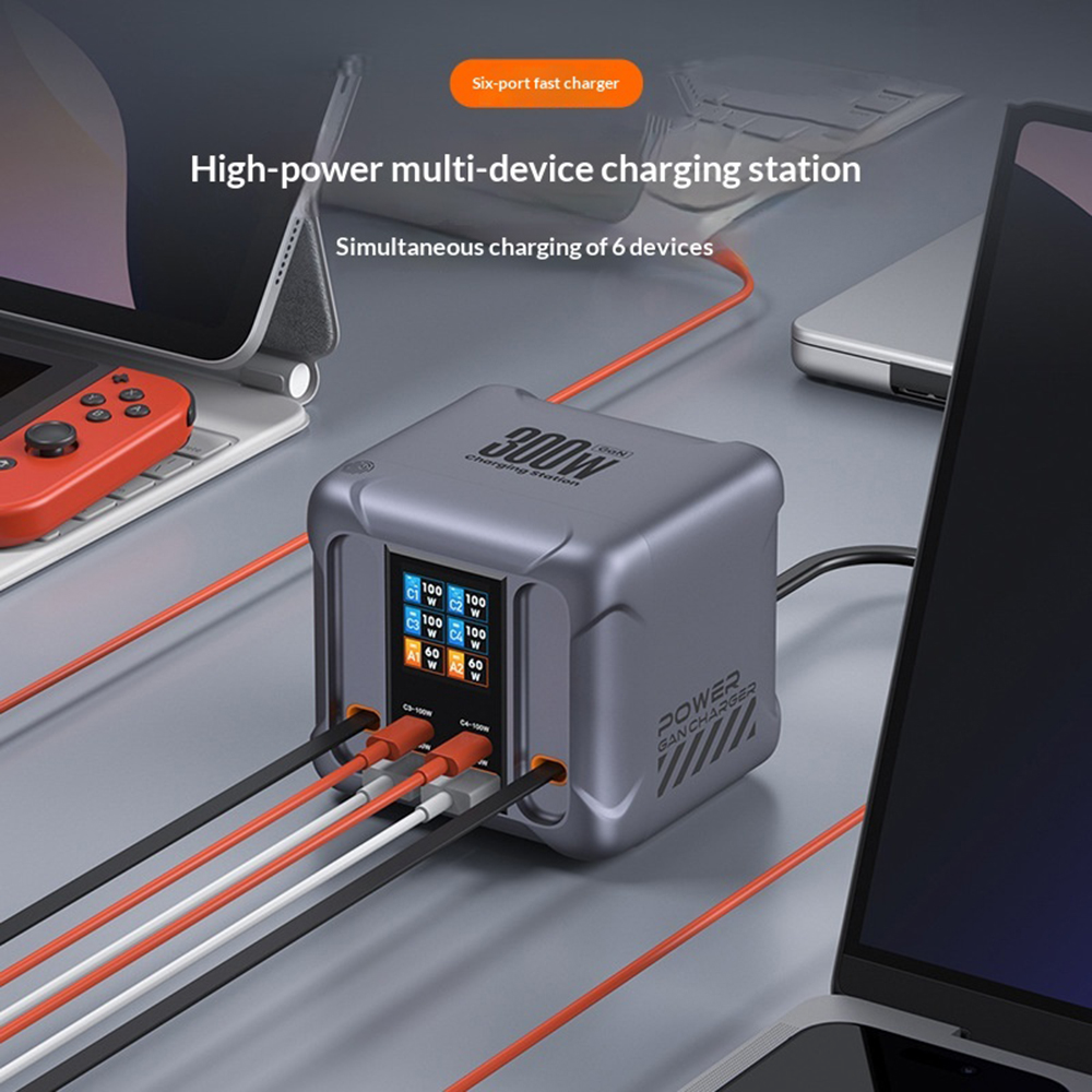 Carregador Estação Com Cabo USB-C OEM HW866, 300W, 5A, 2 x USB-A - 2 x USB-C, Cinzento