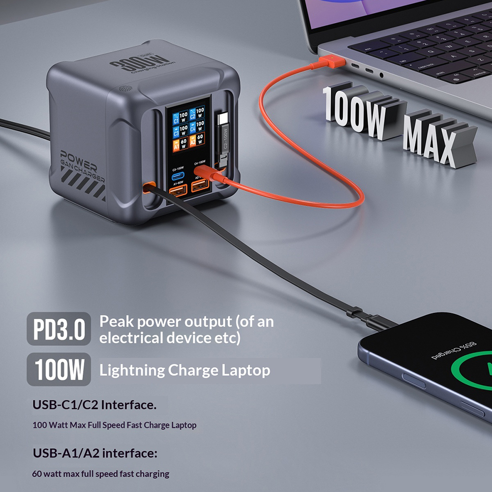 Carregador Estação Com Cabo USB-C OEM HW866, 300W, 5A, 2 x USB-A - 2 x USB-C, Cinzento