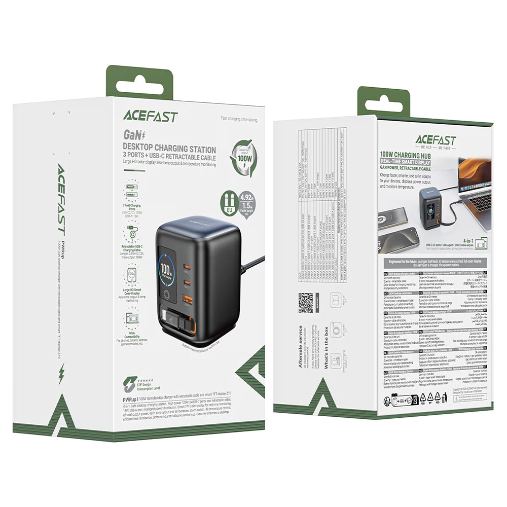 Carregador Estação com Cabo USB-C Acefast Z10, 100W, 1 x USB-A - 2 x USB-C, Preto