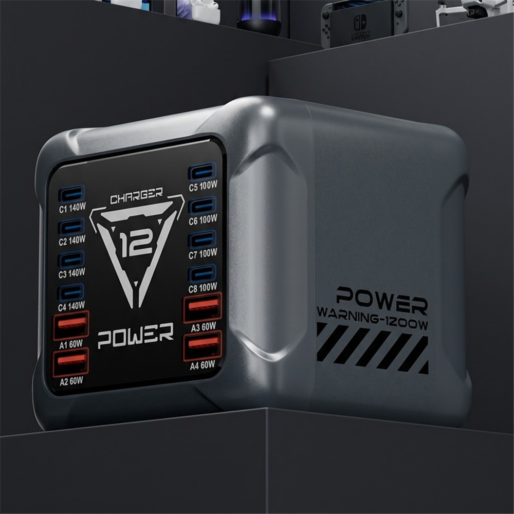 Carregador Estação OEM BK-127D, 280W, 5A, 4 x USB-A - 8 x USB-C, Cinzento