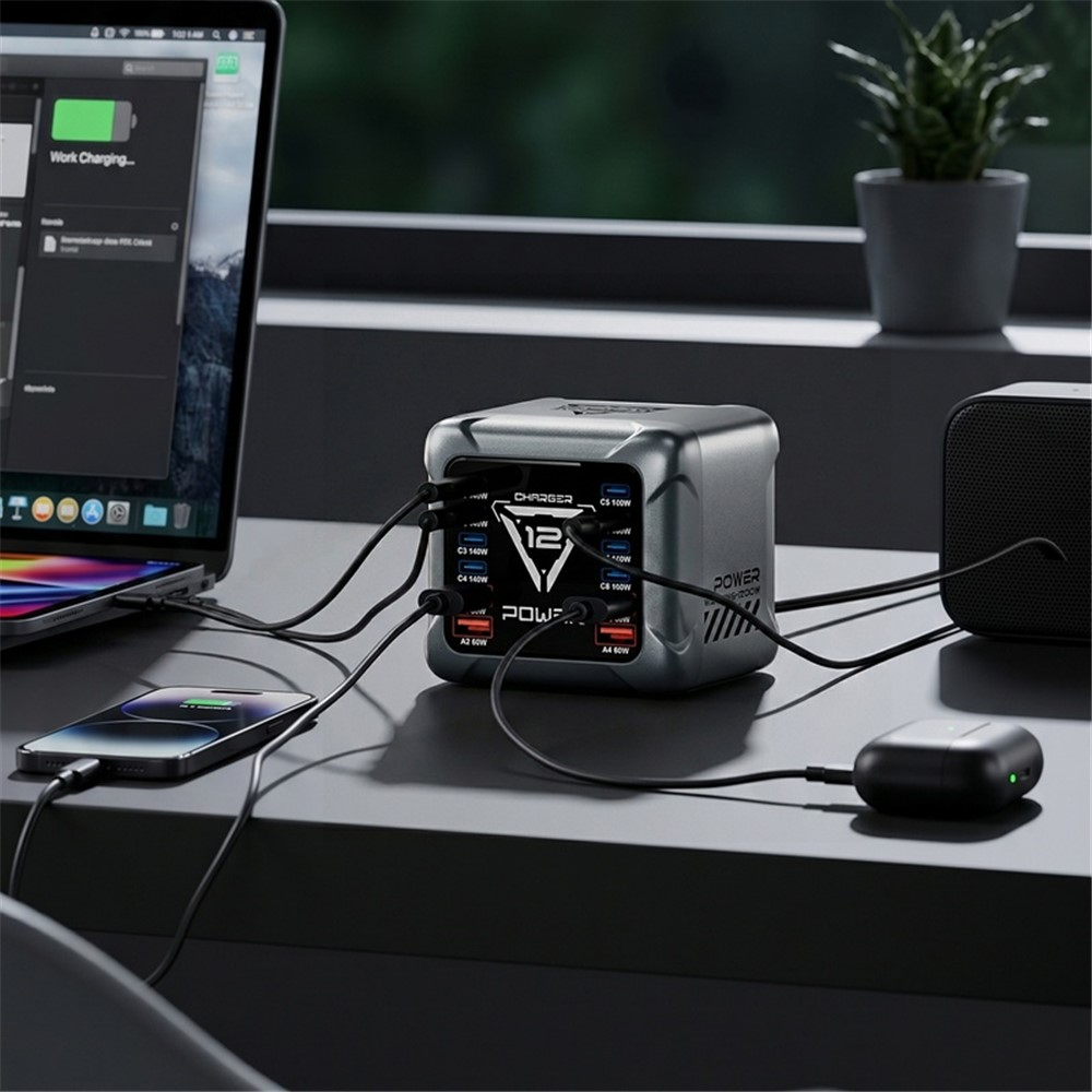 Carregador Estação OEM BK-127D, 280W, 5A, 4 x USB-A - 8 x USB-C, Cinzento