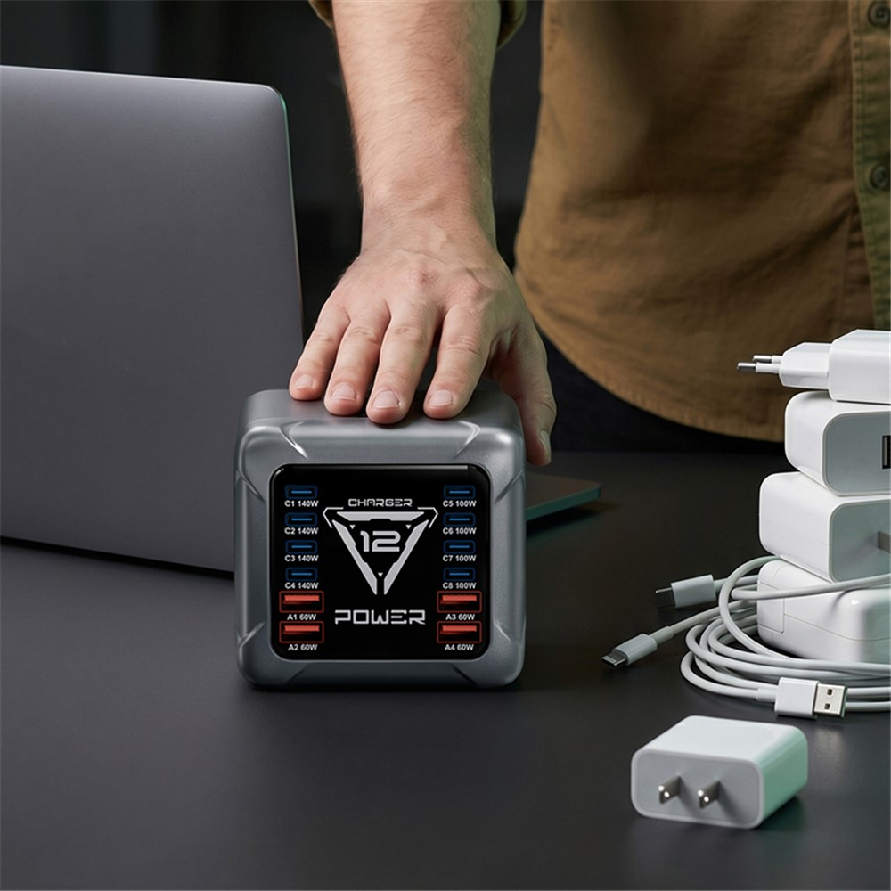 Carregador Estação OEM BK-127D, 280W, 5A, 4 x USB-A - 8 x USB-C, Cinzento