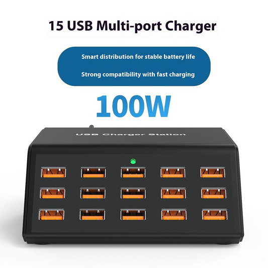 Carregador Estação OEM HW15, 100W, 2A, 15 x USB-A, Preto