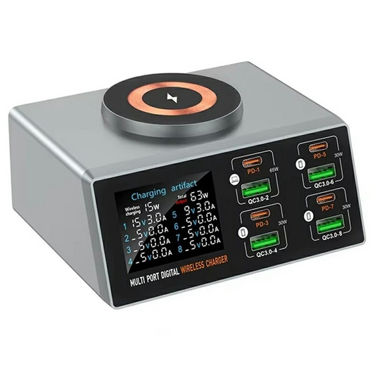 Carregador Estação OEM WLX-X9S QI, 140W, 3A, 4 x USB-A - 4 x USB-C, Prateado