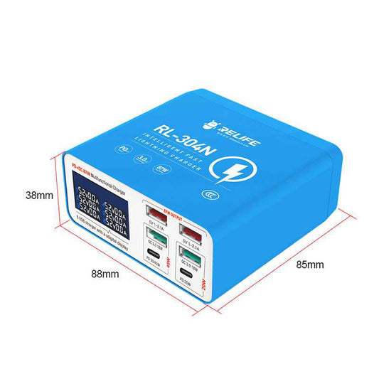 Carregador Estação Relife RL-304N, 87W, 3A, 2 x USB-C - 4 x USB-A, Azul