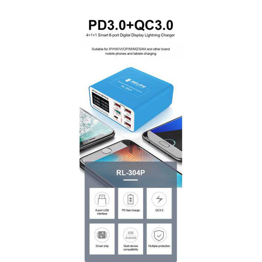 Carregador Estação Relife RL-304P, 40W, 3A, 1 x USB-C - 5 x USB-A, Azul