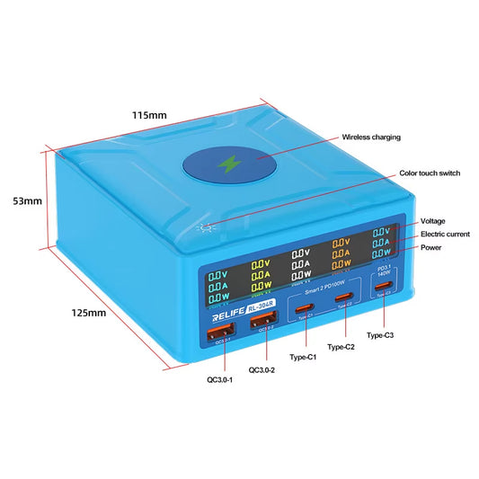 Carregador Estação Relife RL-304R QI, 260W, 3A, 2 x USB-A - 3 x USB-C, Azul