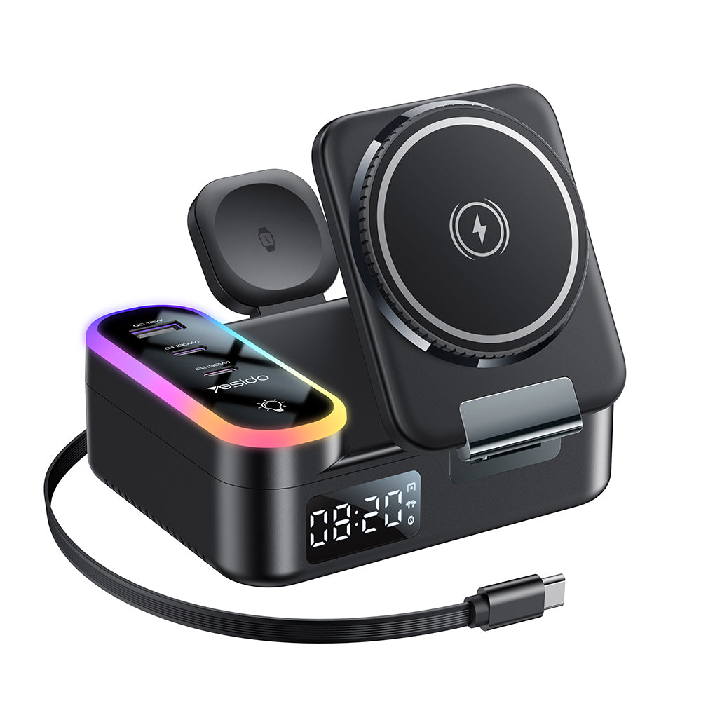 Carregador Estação Yesido DS38 Display QI 3 em 1, 65W, 3A, 1 x USB-A - 2 x USB-C, Preto