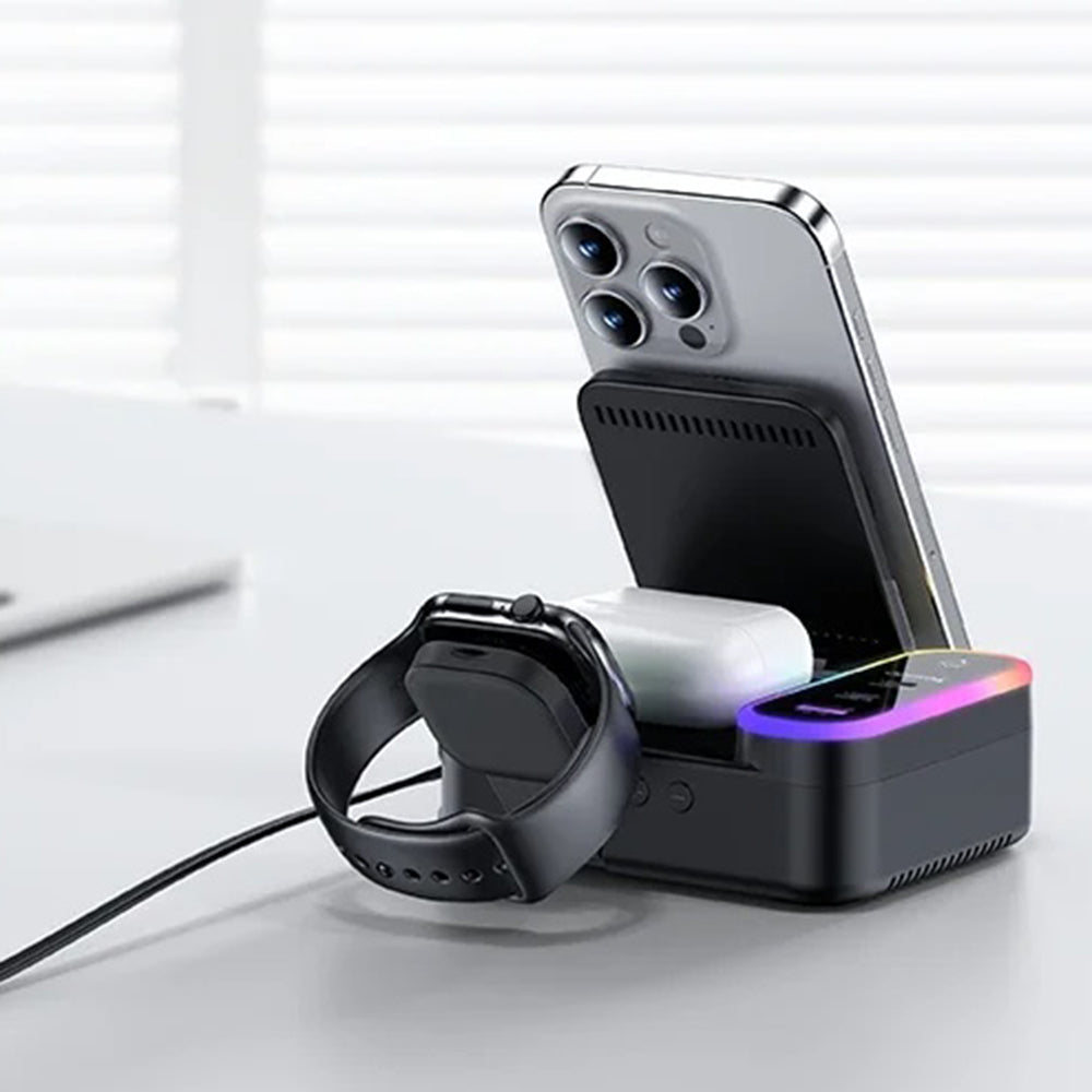 Carregador Estação Yesido DS38 Display QI 3 em 1, 65W, 3A, 1 x USB-A - 2 x USB-C, Preto