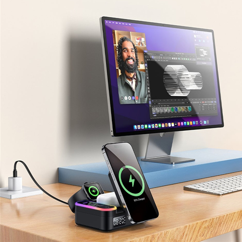 Carregador Estação Yesido DS38 Display QI 3 em 1, 65W, 3A, 1 x USB-A - 2 x USB-C, Preto