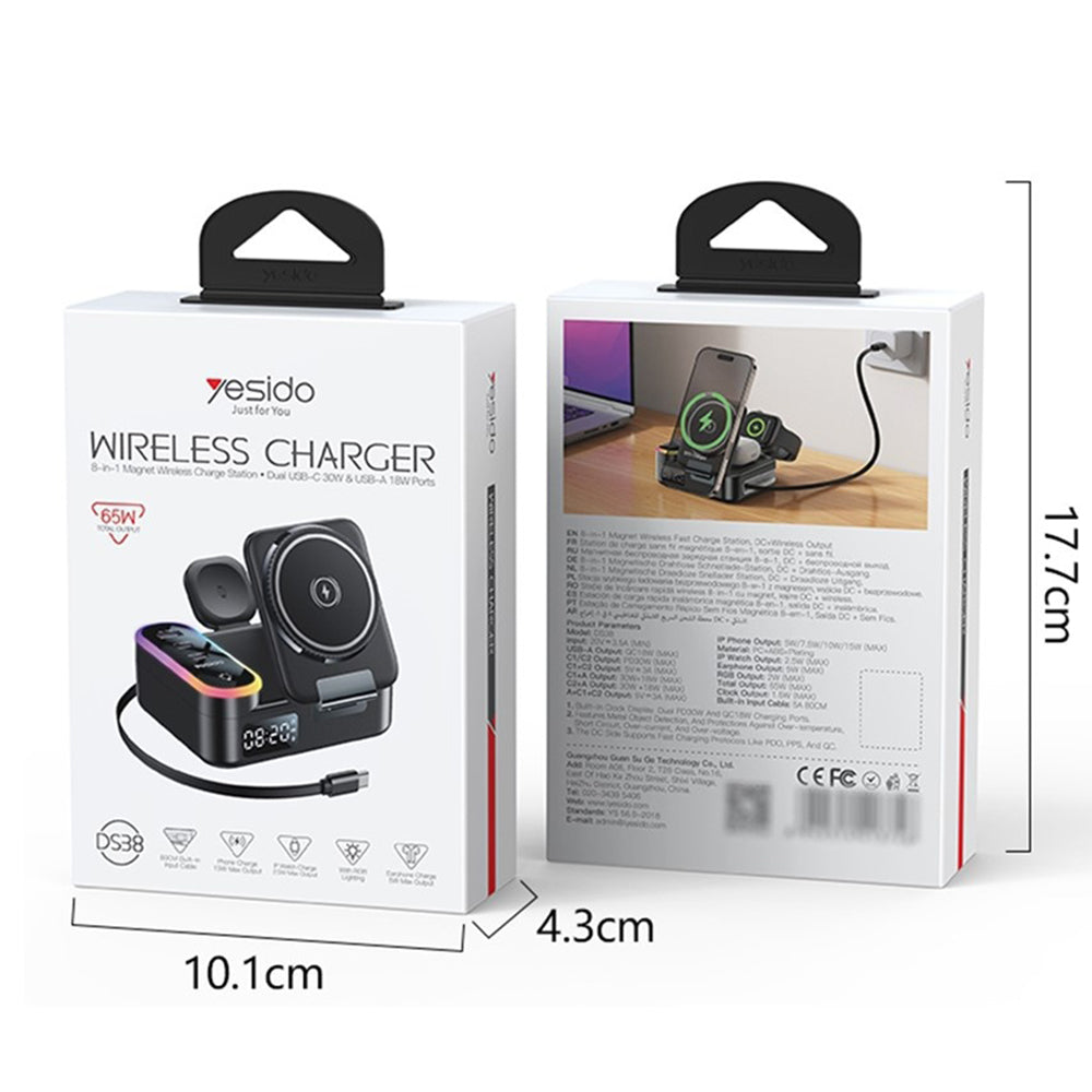 Carregador Estação Yesido DS38 Display QI 3 em 1, 65W, 3A, 1 x USB-A - 2 x USB-C, Preto