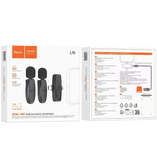 Lavalier Bluetooth HOCO L15, USB-C / Lightning, Conjunto 2 peças, Preto