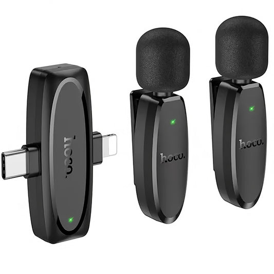 Lavalier Bluetooth HOCO L15, USB-C / Lightning, Conjunto 2 peças, Preto