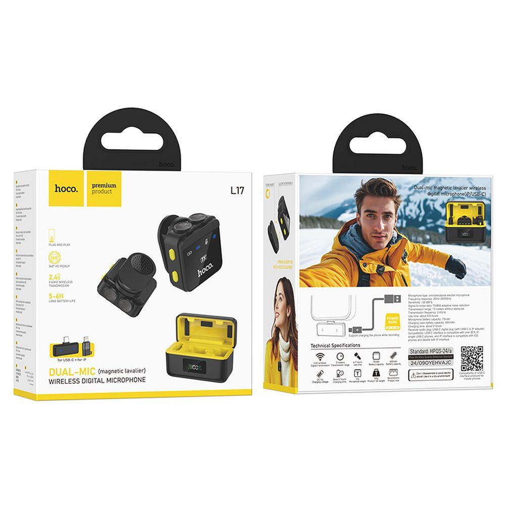 Lavalier HOCO L17, USB-C / Lightning, Conjunto de 2 Peças, Preto