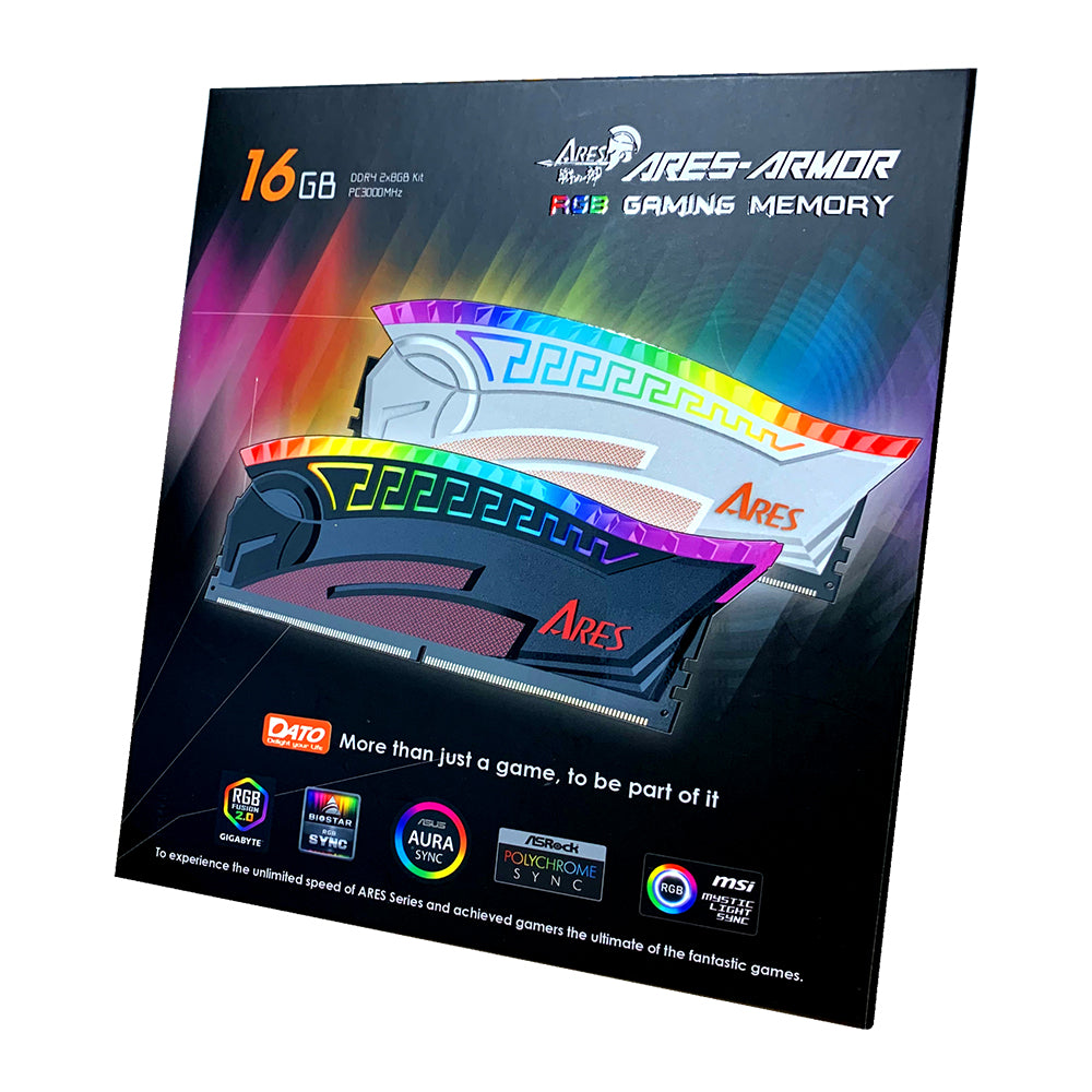 Memória RAM Dato Ares Armor, DDR4, RGB, 2 x 8GB, 3600Mhz, CL18, Preta AMRGB8GX216G36K