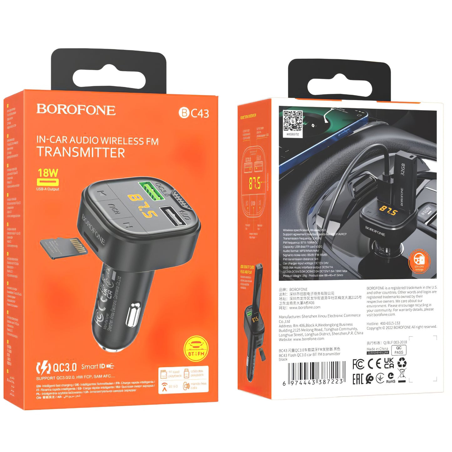 Modulador FM Bluetooth Borofone BC43 Flash, 2 x USB-A - 1 x microSD