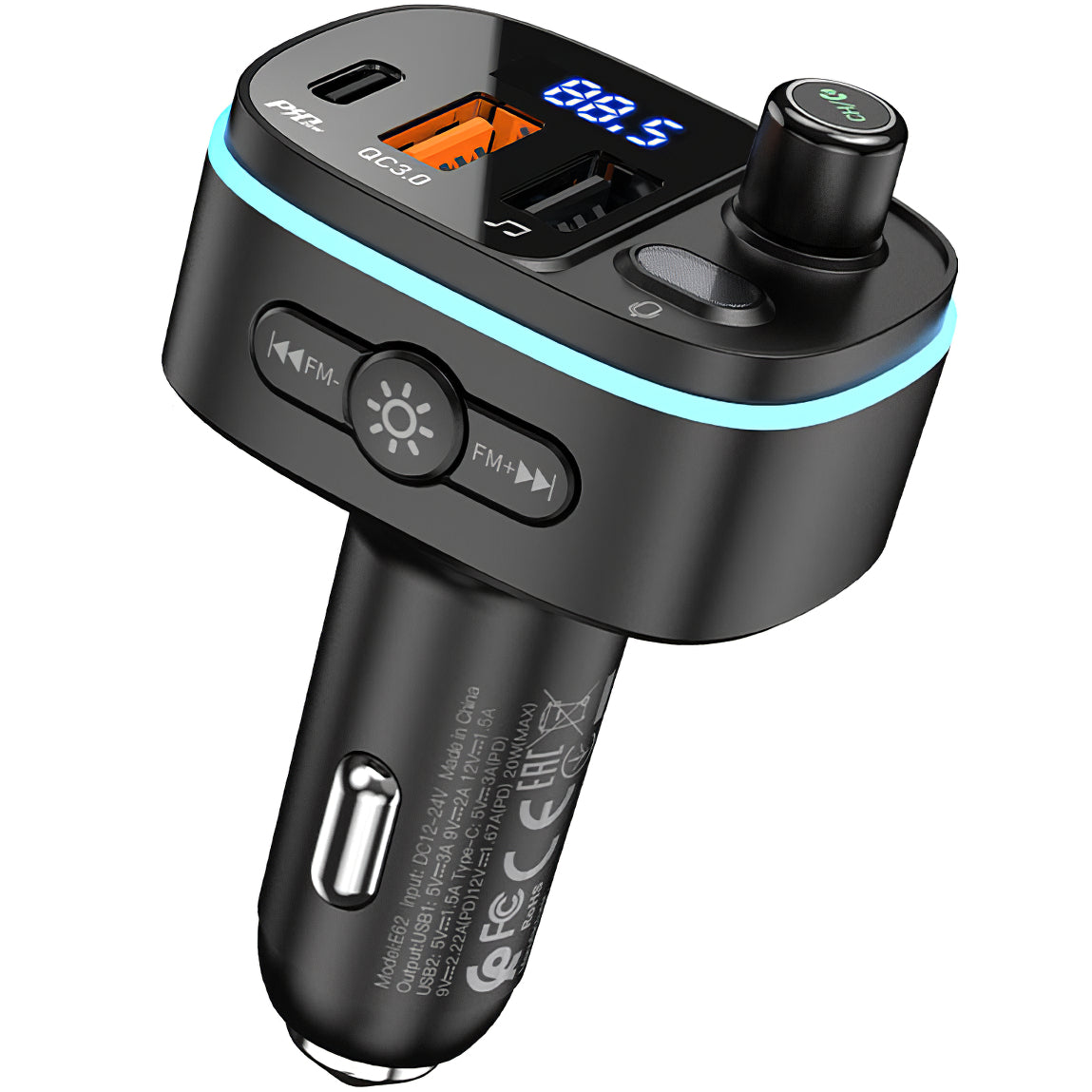 Modulador FM Bluetooth HOCO E62 Fast, 2 x USB-A - 1 x USB-C
