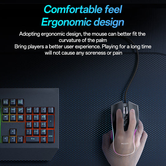 Mouse Gaming com Fio USB Yesido KB20, RGB, 1000DPI - 7200DPI, Preto