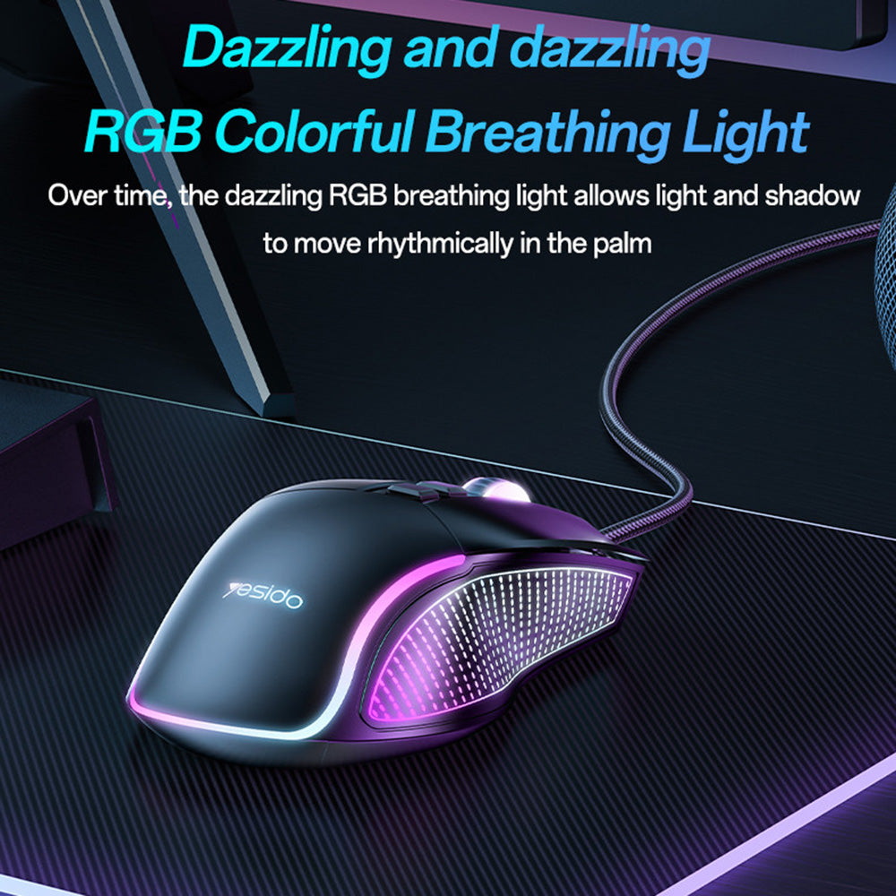 Mouse Gaming com Fio USB Yesido KB20, RGB, 1000DPI - 7200DPI, Preto