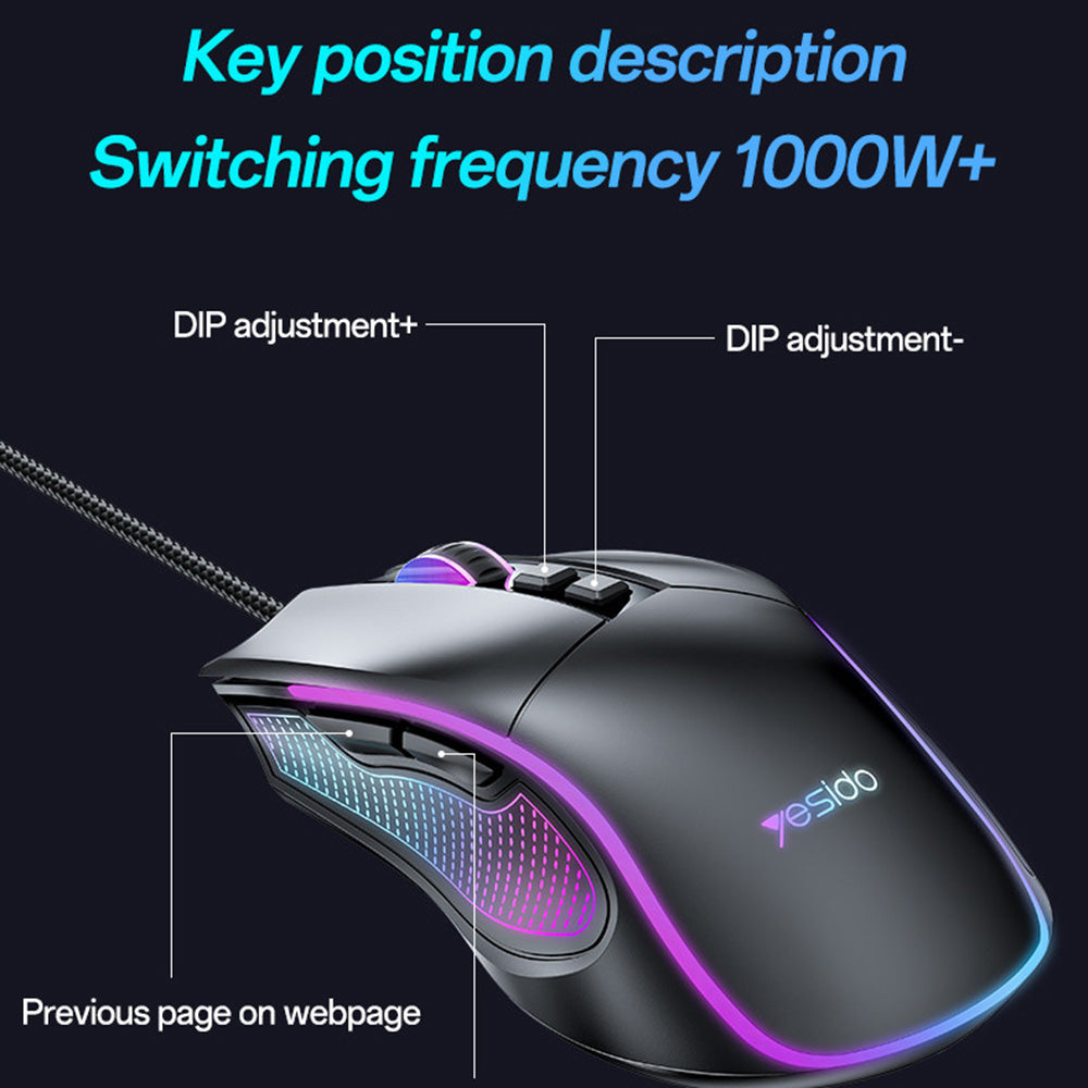 Mouse Gaming com Fio USB Yesido KB20, RGB, 1000DPI - 7200DPI, Preto