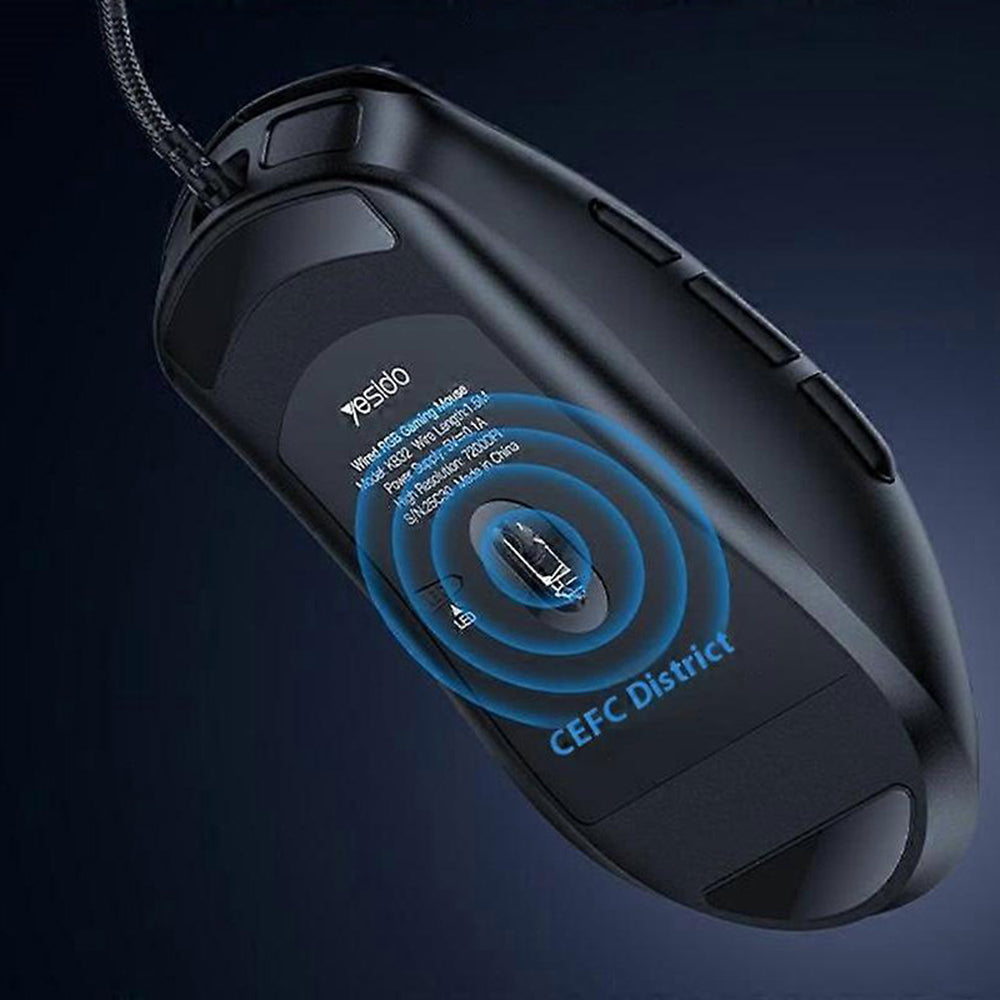 Mouse Gaming com Fio USB Yesido KB32, RGB, 7200DPI, Preto