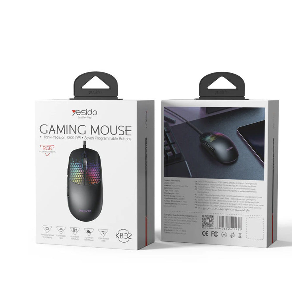 Mouse Gaming com Fio USB Yesido KB32, RGB, 7200DPI, Preto