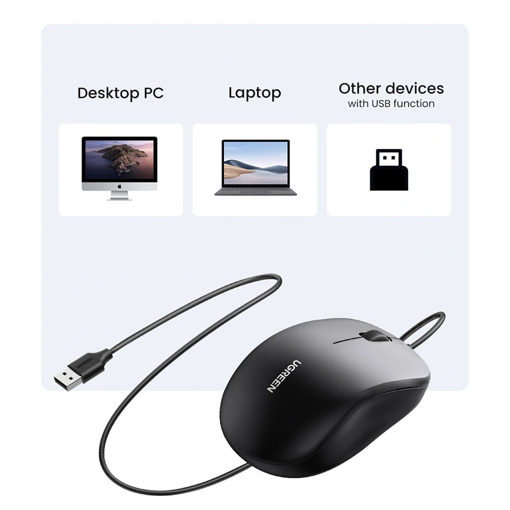 Mouse Wired USB UGREEN MU007, 1200DPI, 1.5m, Preto