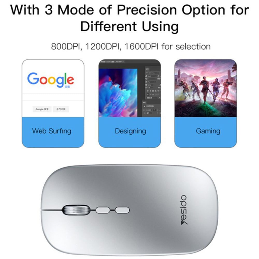 Mouse Wireless Yesido KB15, 800DPI - 1600DPI, Prateado