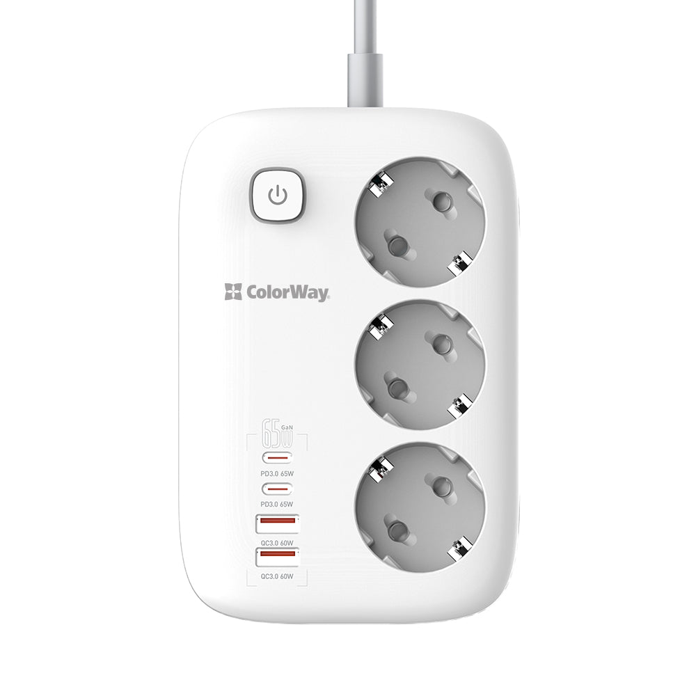 Extensão ColorWay, 3 x Schuko - 2 x USB-A - 2 x USB-C, Branco