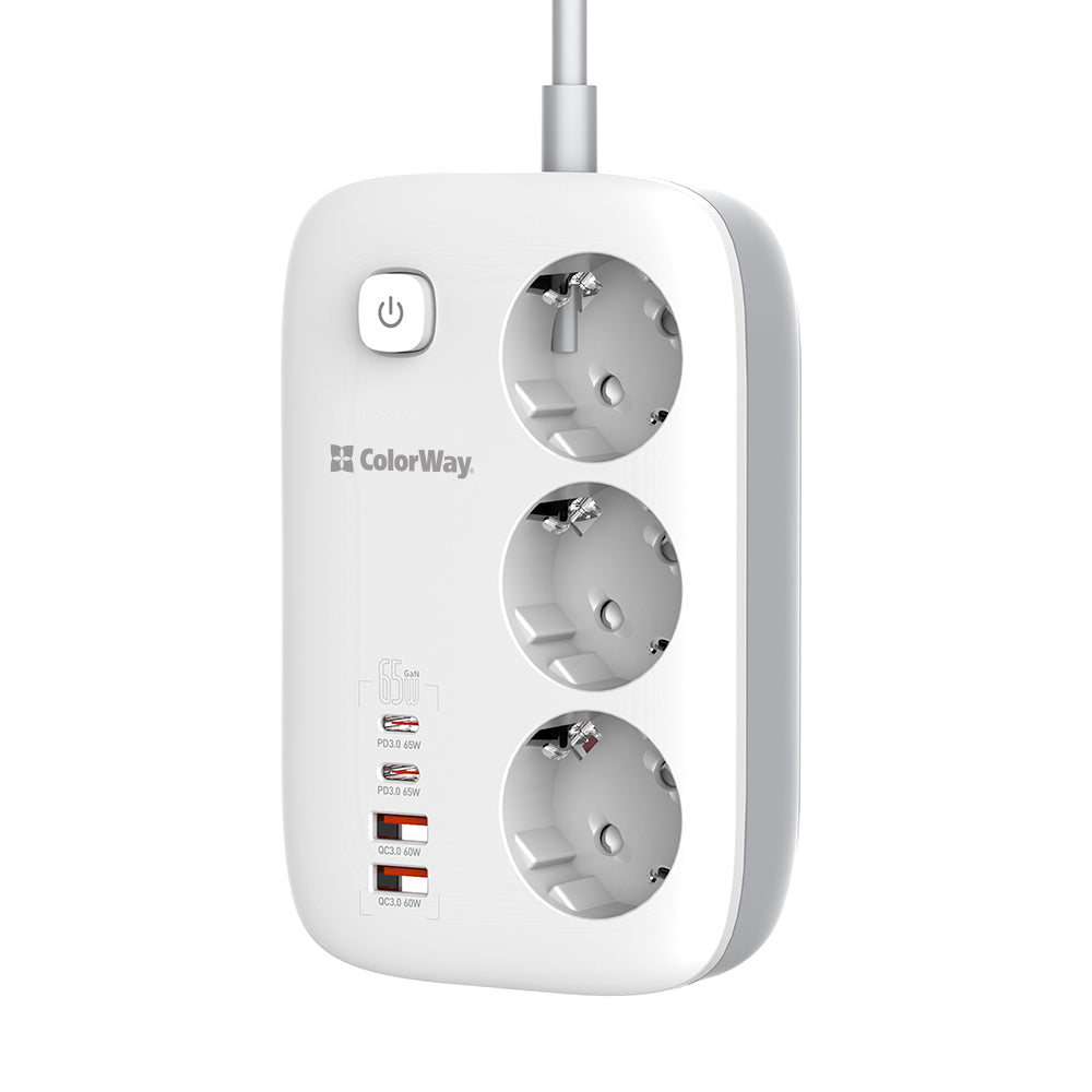 Extensão ColorWay, 3 x Schuko - 2 x USB-A - 2 x USB-C, Branco