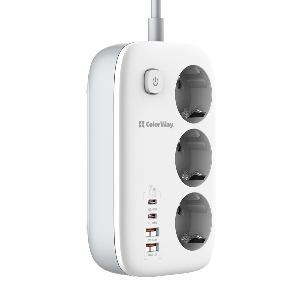 Extensão ColorWay, 3 x Schuko - 2 x USB-A - 2 x USB-C, Branco