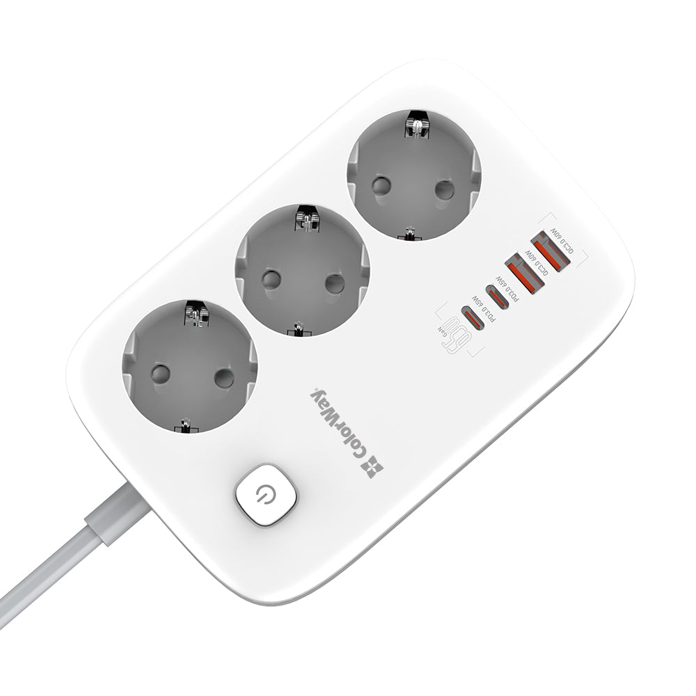 Extensão ColorWay, 3 x Schuko - 2 x USB-A - 2 x USB-C, Branco