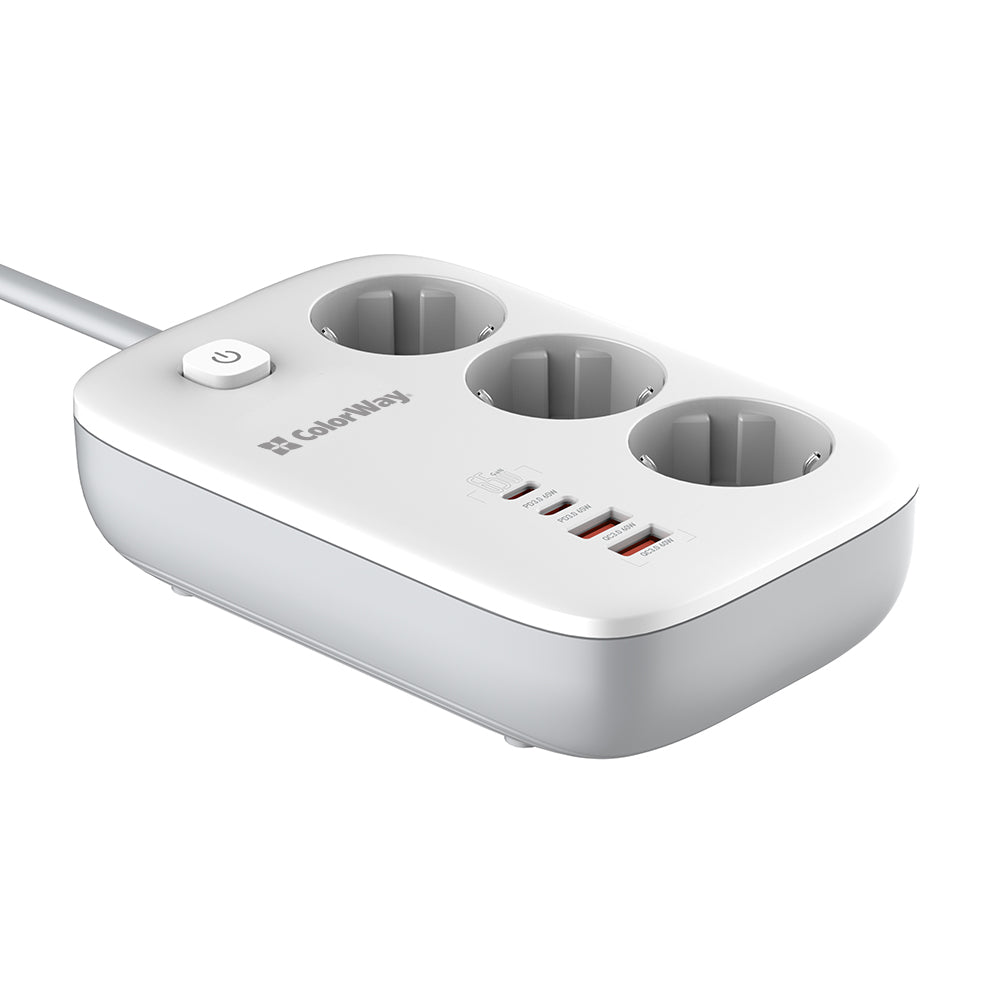 Extensão ColorWay, 3 x Schuko - 2 x USB-A - 2 x USB-C, Branco