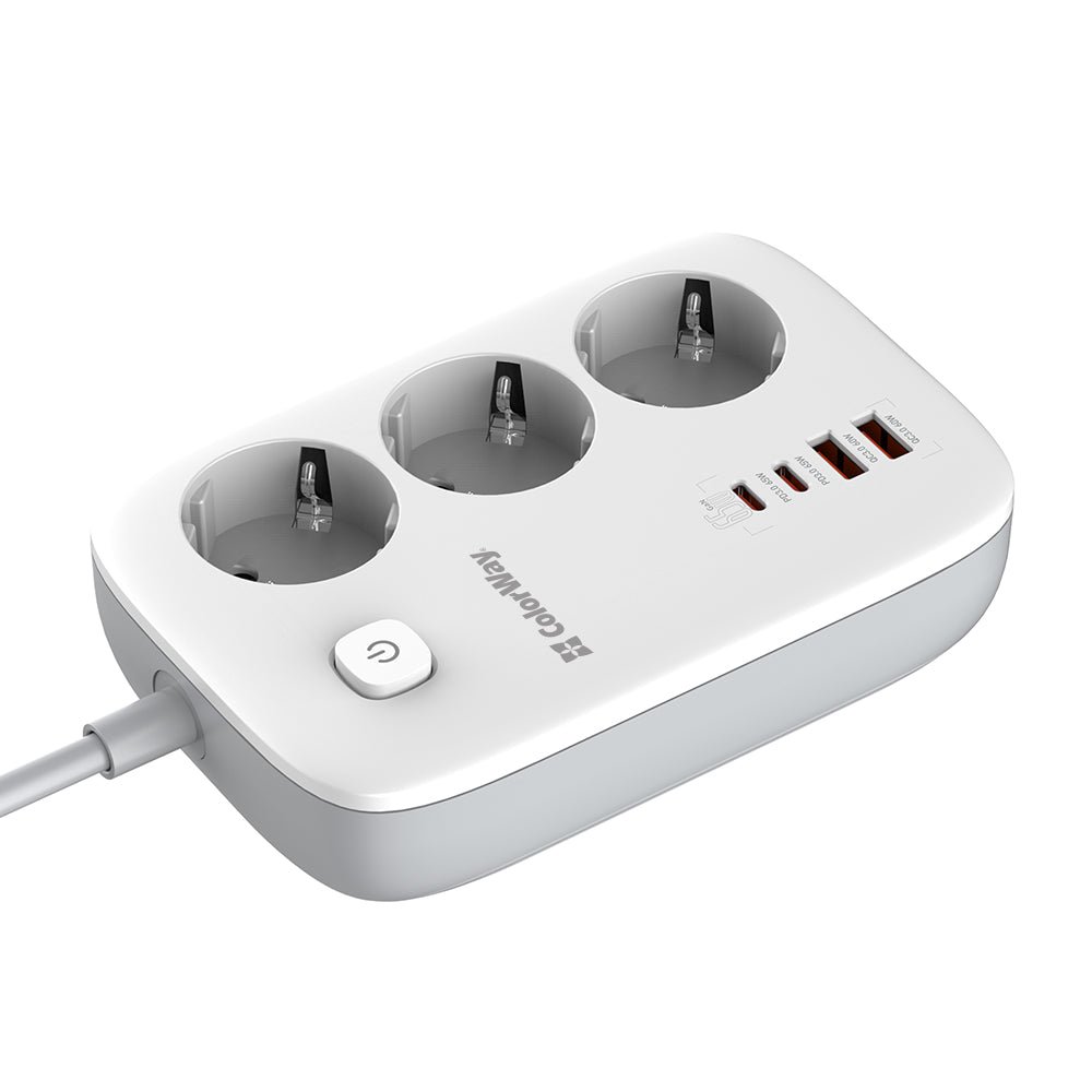Extensão ColorWay, 3 x Schuko - 2 x USB-A - 2 x USB-C, Branco
