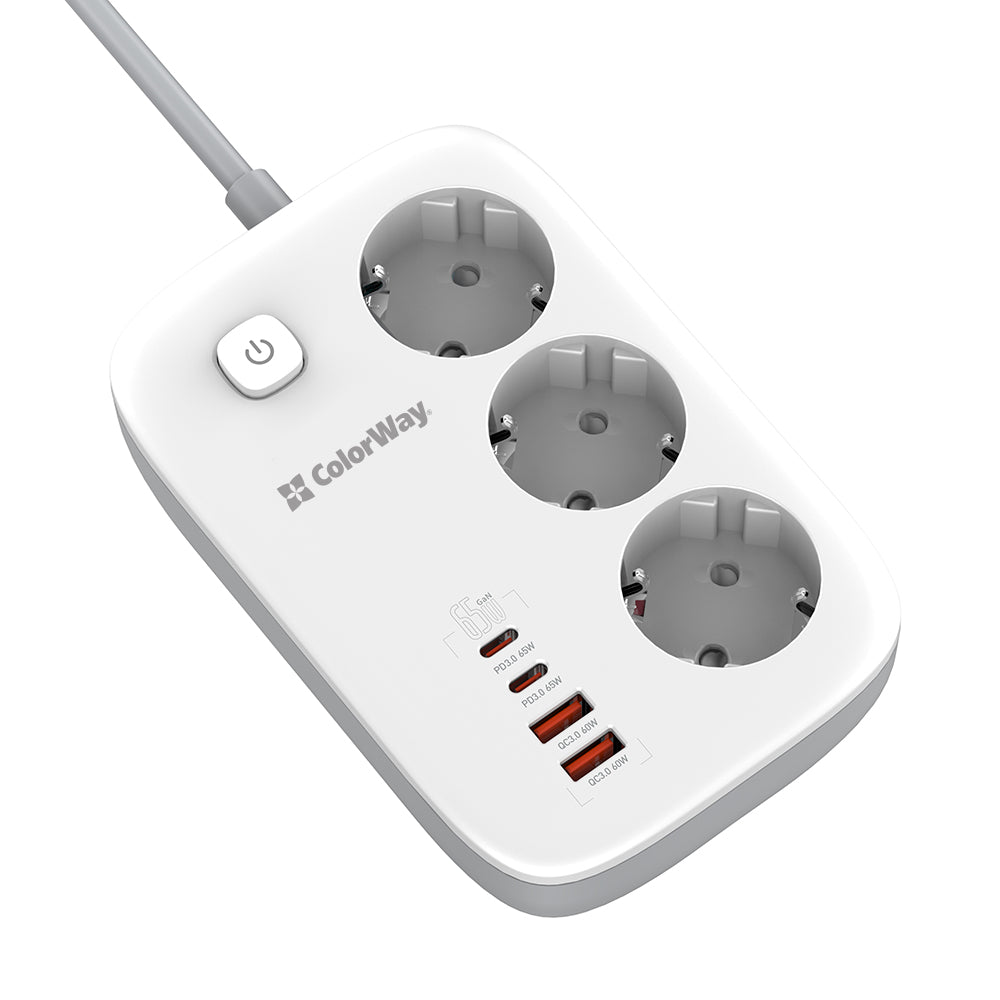 Extensão ColorWay, 3 x Schuko - 2 x USB-A - 2 x USB-C, Branco