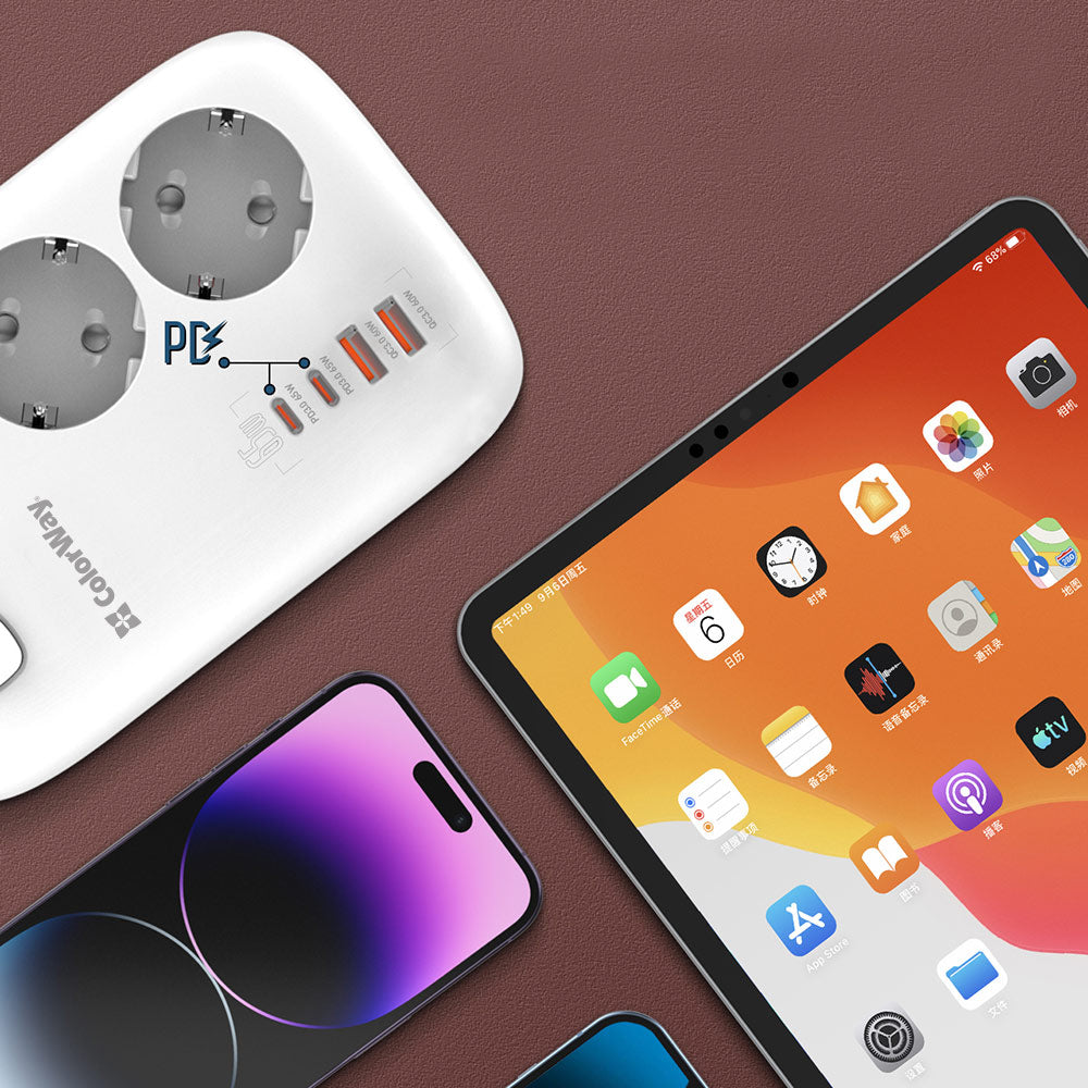 Extensão ColorWay, 3 x Schuko - 2 x USB-A - 2 x USB-C, Branco