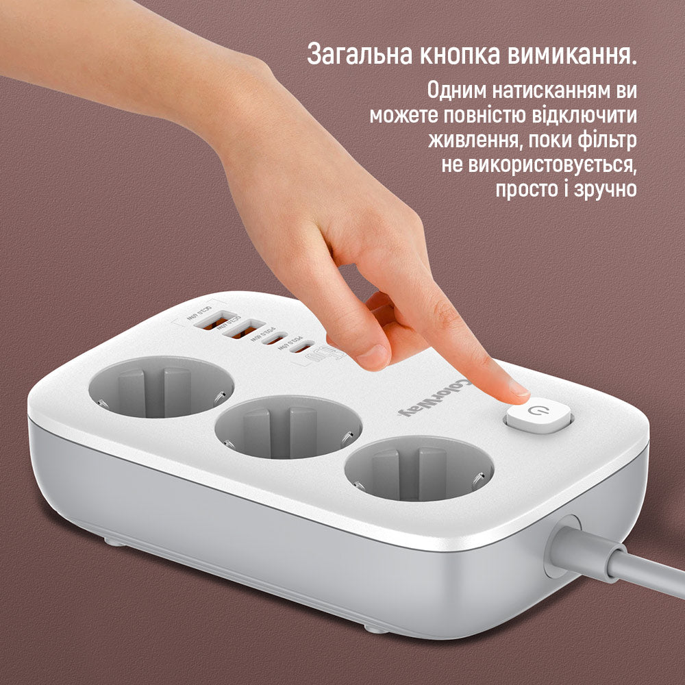 Extensão ColorWay, 3 x Schuko - 2 x USB-A - 2 x USB-C, Branco