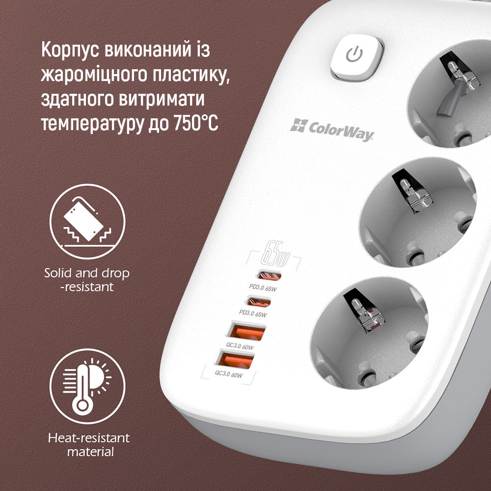 Extensão ColorWay, 3 x Schuko - 2 x USB-A - 2 x USB-C, Branco