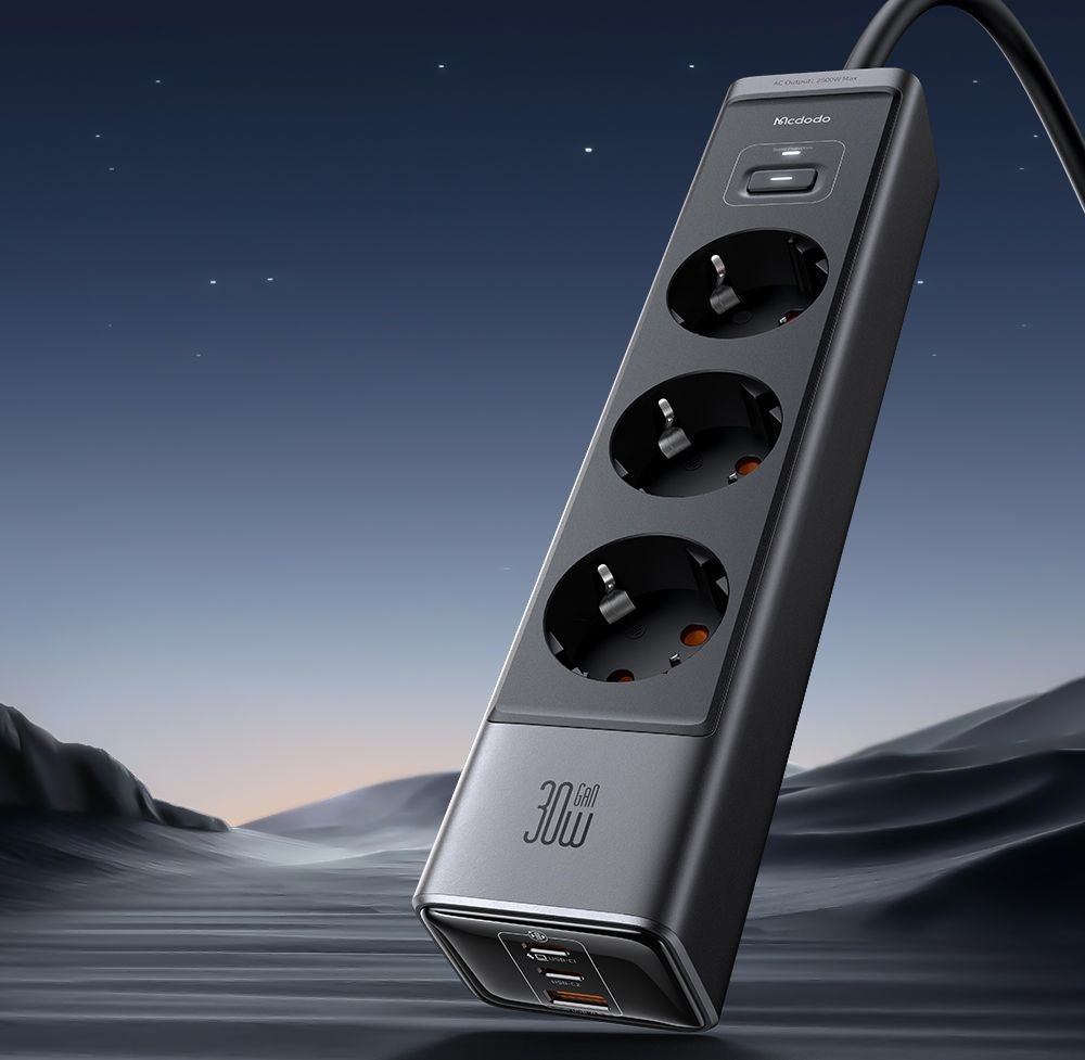 Extensão McDodo CH-0620, 3 x Schuko - 1 x USB-A - 2 x USB-C, Preto