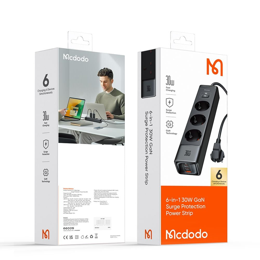 Extensão McDodo CH-0620, 3 x Schuko - 1 x USB-A - 2 x USB-C, Preto