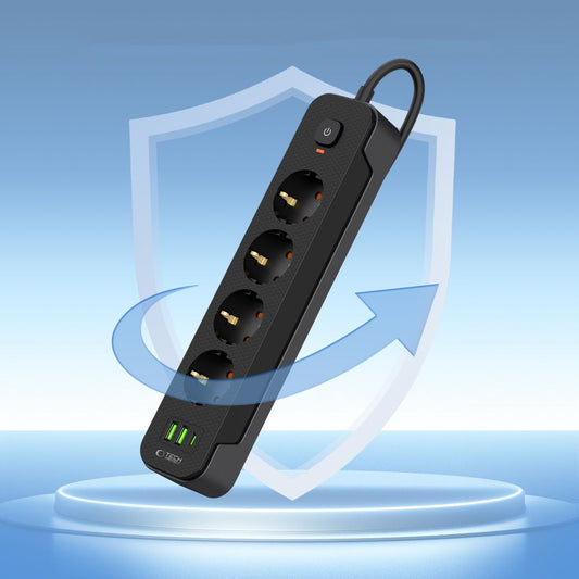 Carregador de rede Tech-Protect PCL4X3, 2 x USB-A - 1 x USB-C - 4 x Schuko, preto