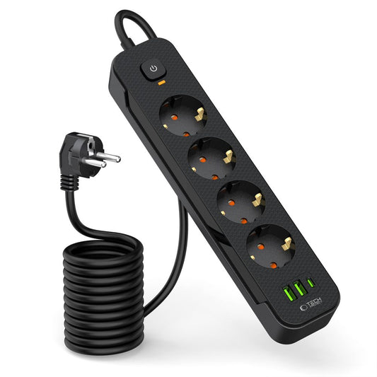 Carregador de rede Tech-Protect PCL4X3, 2 x USB-A - 1 x USB-C - 4 x Schuko, preto