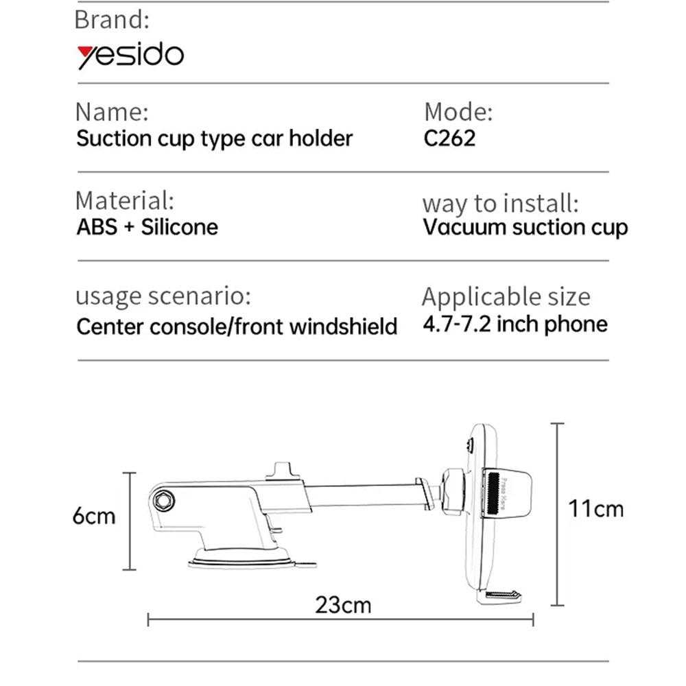 Suporte Auto Yesido C262, 4.7inch - 7.2inch, Preto