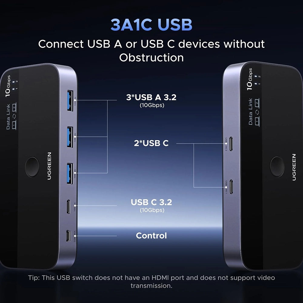 Switch USB UGREEN CM691 (45784), 3 x USB-A 3.2 - 1 x USB-C - 1 x miniUSB, Preto