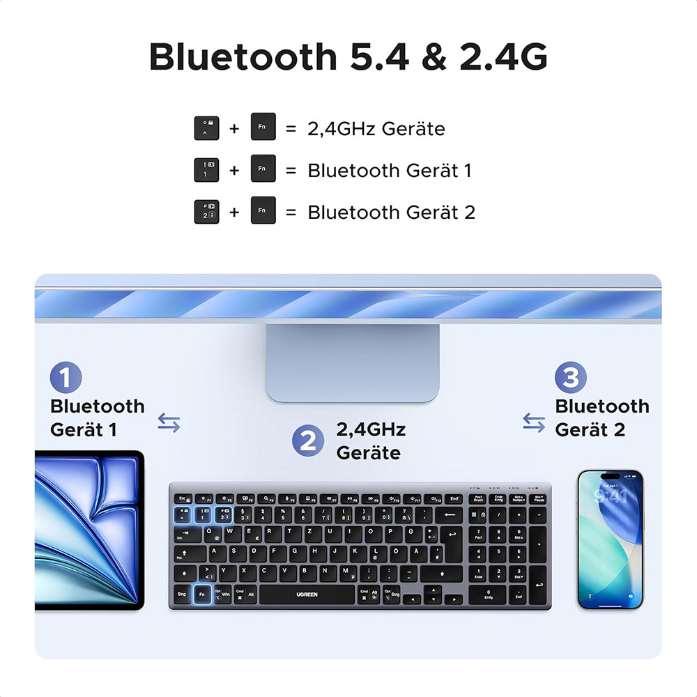 Teclado Wireless UGREEN K552 (75163), BT / Wi-Fi, Preto