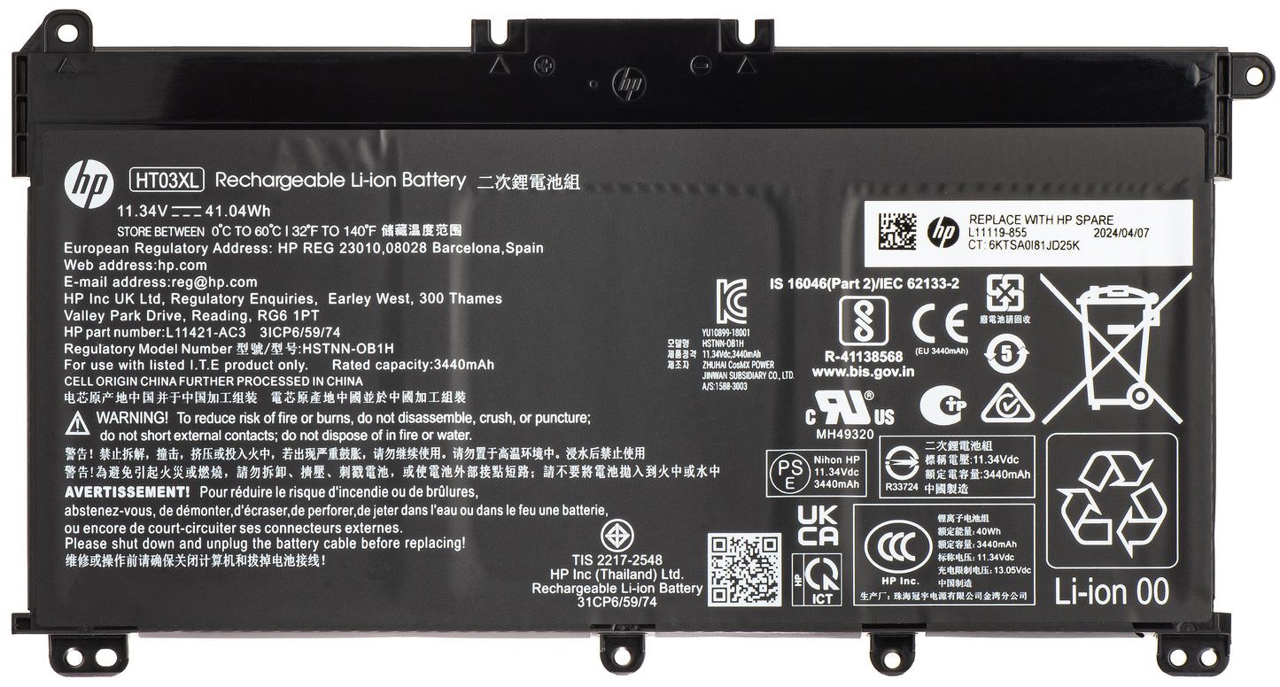 Bateria HP HT03041XL-PR+PL, 3600mAh, 41Wh, 3 células, Service Pack L11119-855 