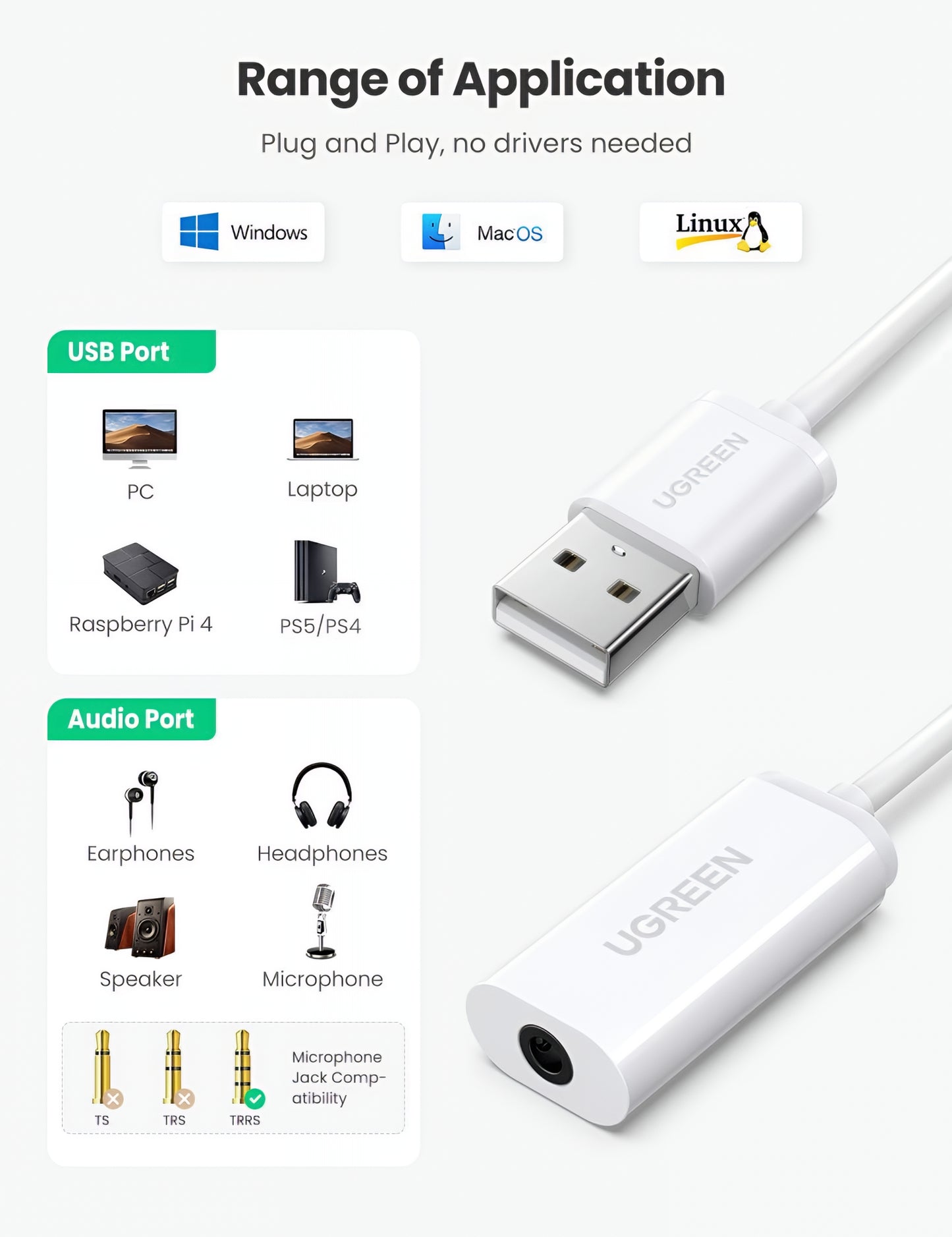 Adaptador de Áudio UGREEN US206, USB-A - 3.5mm, Branco