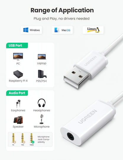 Adaptador de Áudio UGREEN US206, USB-A - 3.5mm, Branco