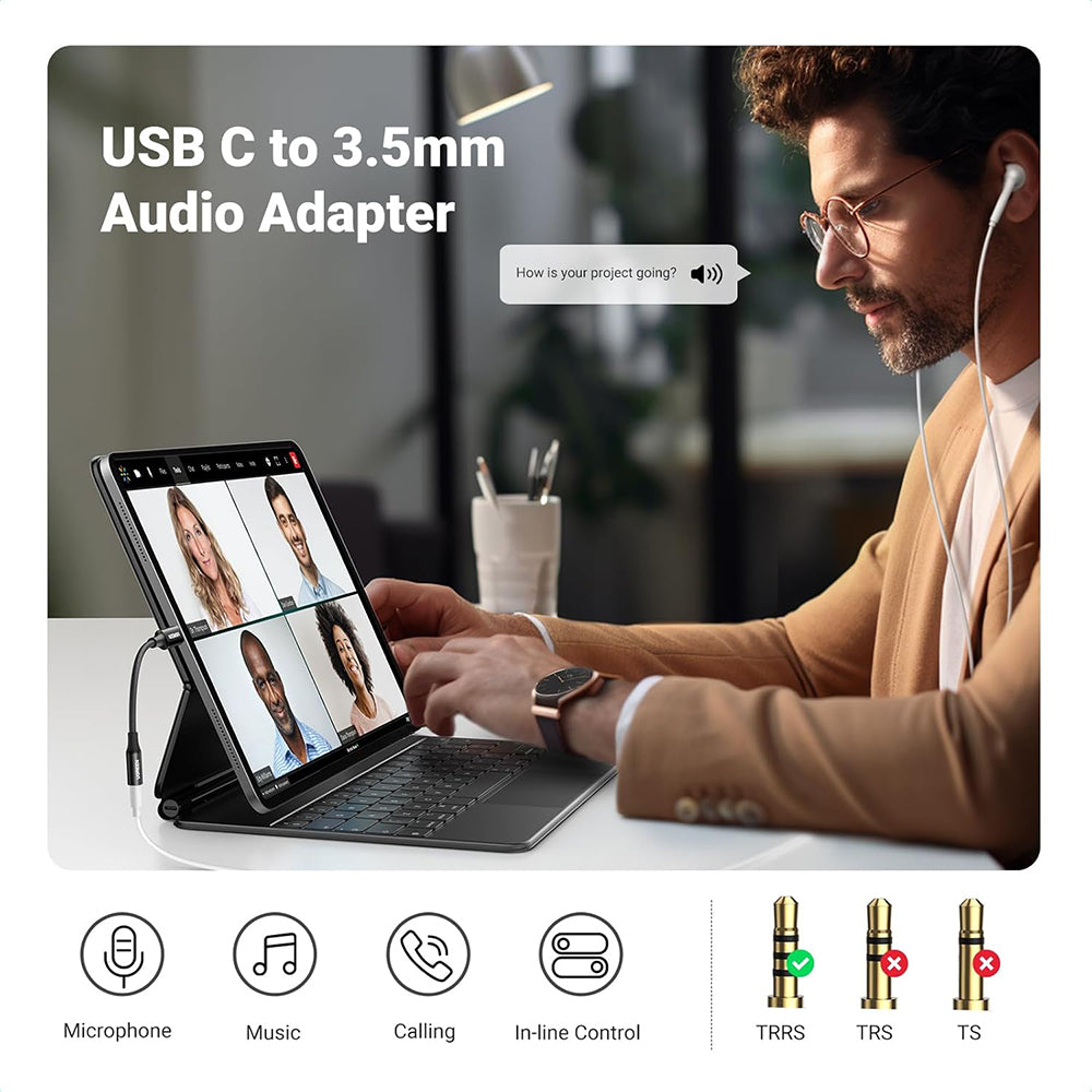 Adaptador de Áudio USB-C - 3.5mm UGREEN AV161, Preto