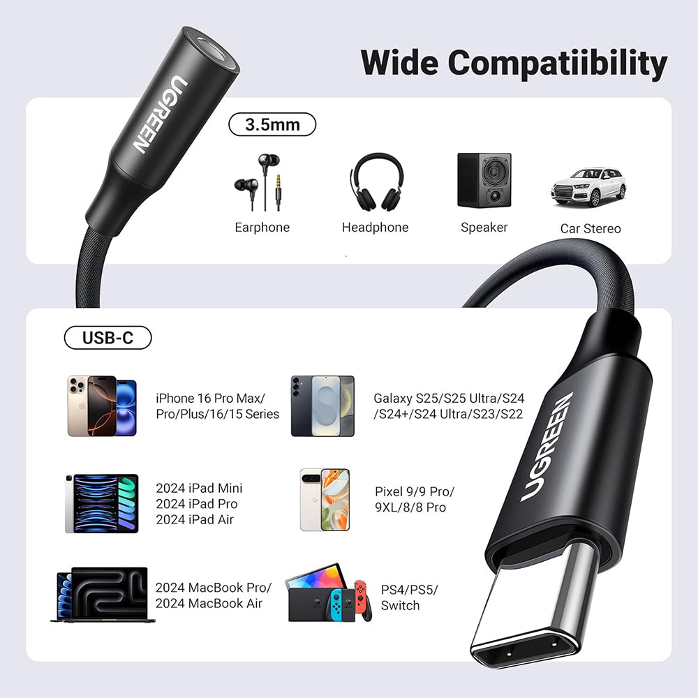 Adaptador de Áudio USB-C - 3.5mm UGREEN AV161, Preto